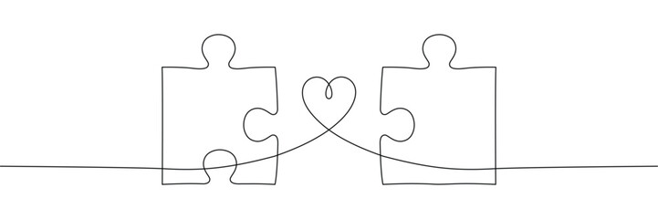 Continuous one line drawing of two puzzle pieces connected by heart symbol representing love and partnership. Single line art. Editable stroke. Doodle hand drawn vector illustration