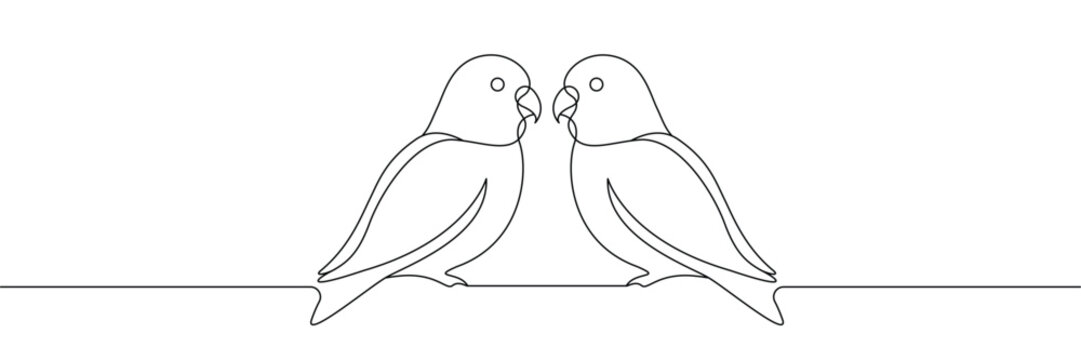 Continuous one line drawing of two lovebirds sitting together on a branch representing love and partnership. Single line art. Editable stroke. Doodle hand drawn vector illustration