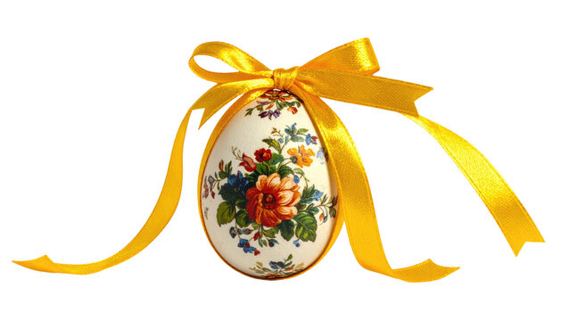 A single decorated egg, featuring floral artwork, is tied with a bright yellow ribbon. Isolated against a black backdrop