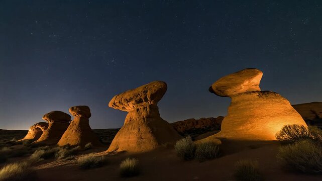 A nocturnal landscape features illuminated hoodoos silhouetted against a starlit sky, highlighting natural formations and desert plants