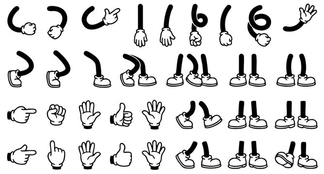 Retro cartoon legs and hands, Hands with gloves and feet with boots, various poses for characters, a set of poses, gestures, placement of hands and feet. Mascot character set. Cartoon set of limbs