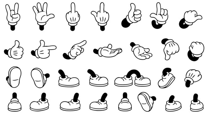 Retro cartoon legs and hands, Hands with gloves and feet with boots, various poses for characters, a set of poses, gestures, placement of hands and feet. Mascot character set.