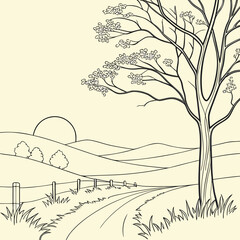 Fototapeta premium Simple black and white drawing of a country road winding toward a distant sunset