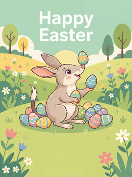 "Happy Easter" greeting card with cute cartoon bilby. Australian holiday illustration with a bilby balancing an egg on its nose in a spring meadow.
