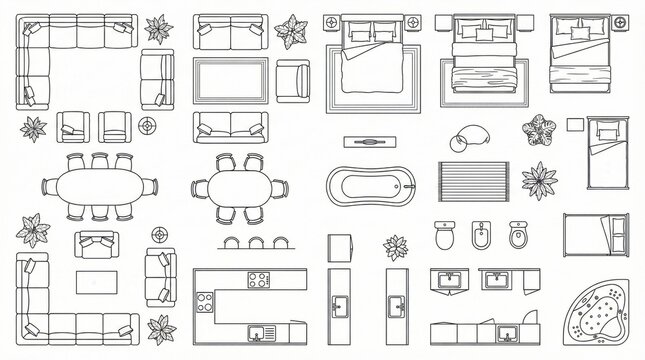 Black and white architectural floor plan elements set,top view interior design symbols for home planning,furniture layout,construction blueprint,and professional graphic resources
