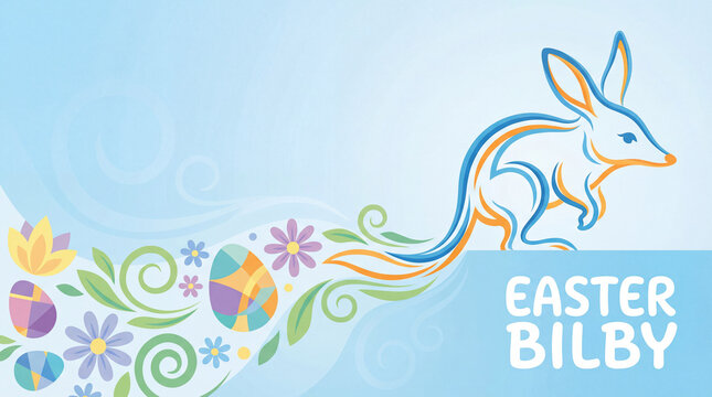 "Easter Bilby" Australian spring festival horizontal banner with minimalist line art illustration. Stylized marsupial with decorated eggs and floral swirls on blue background.