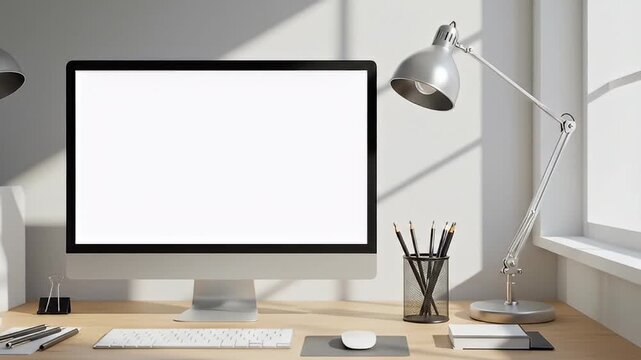 Modern Workspace Mockup - Computer, Lamps, and Natural Light.