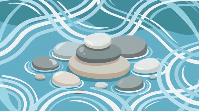 Stacked zen stones balanced in calm blue water