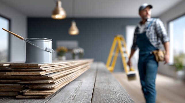 Home renovation project in modern interior with a painter preparing for work