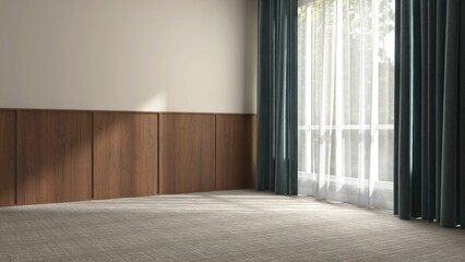 Fototapeta premium Clean empty room with brown wood wainscot wall in sunlight from white sheer, teal green blackout curtain window with tree on beige carpet floor for interior design decoration, architecture, product ba