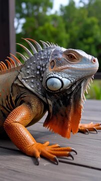Close-up of a detailed iguana with spiky crest and orange dewlap on wooden planks