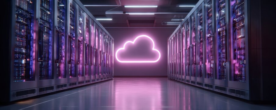 A futuristic data center corridor illuminated with purple light and a glowing neon cloud icon on the far wall symbolizing cloud computing.