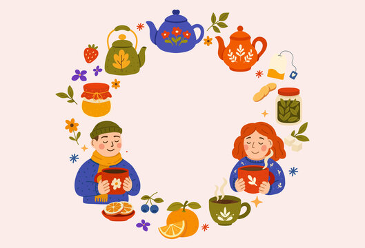 Tea wreath frame with man and woman holding mugs, teapots, cups, jam, citrus and leaves around blank space. For posters, invitations, web banners.