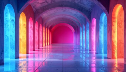 Fototapeta premium Vibrant Neon Corridor - A Mesmerizing Journey Through Colorful Arches and Reflections.