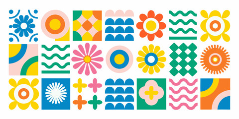 Colorful geometric floral pattern with repeating shapes and vibrant hues © Bebdas