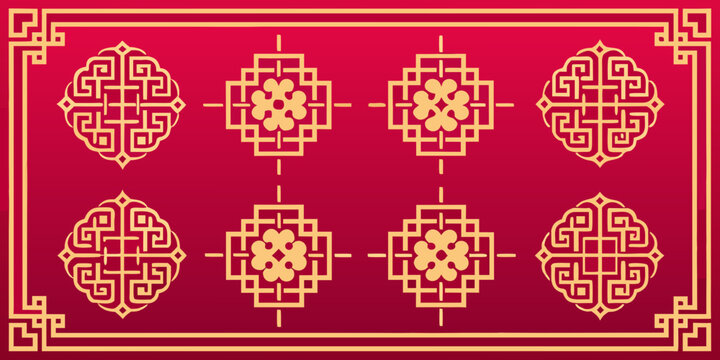 Traditional chinese knot patterns on a vibrant red rectangular background