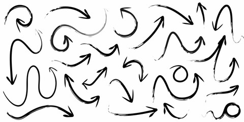 Collection of hand drawn black arrows in various curved and straight shapes