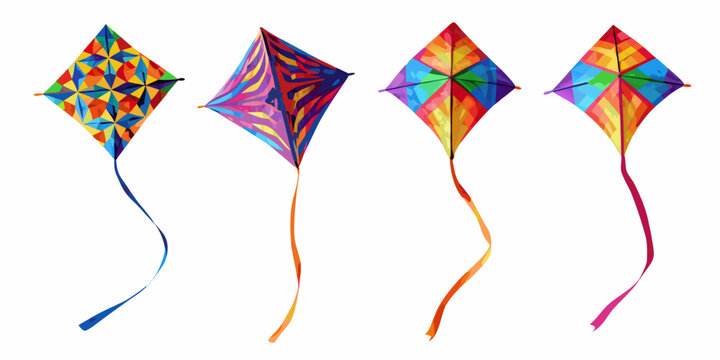 A colorful collection of diamond shaped kites against a white background