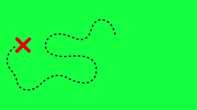 Treasure Map with Dashed Line Path Marking the spot on green background. Scavenger Hunt map path to gold treasure. dashed line guiding Treasure path with indicating the final destination.