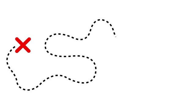 Treasure Map with Dashed Line Path Marking the spot on white background. Scavenger Hunt map path to gold treasure. dashed line guiding Treasure path with indicating the final destination.
