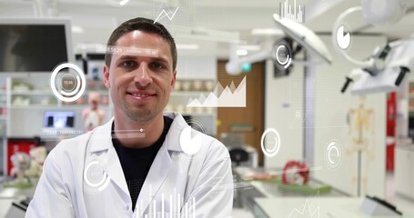 Standing scientist in white lab coat facing camera, crossing arms in lab with HUD, skeletal model