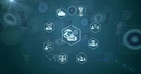 Displaying central hexagon cluster syncing globe, cloud, servers, database, users on digital HUD