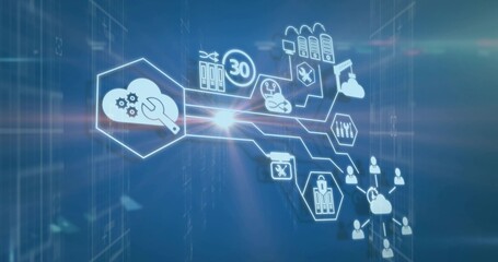 Displaying network of glowing hexagon icons on blue gradient background, with cloud wrench gear