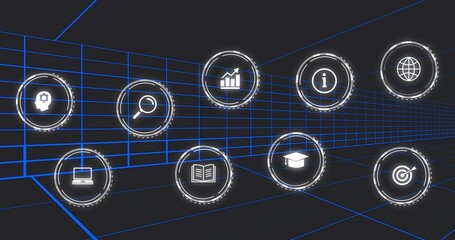 Fototapeta premium Floating holographic icons drifting through virtual 3D dashboard tunnel, showing blue grid lines