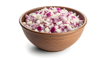 Chopped Onions Served in Rustic Pottery Bowl on White