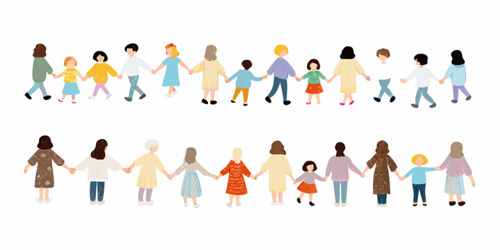 Diverse group of people holding hands in two horizontal rows