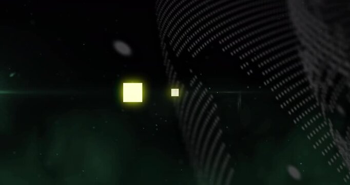 Incoming dotted matrix sweeping right-to-left, two squares pulsing and shifting, showing data