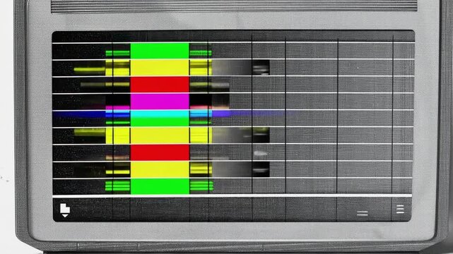 A retro TV screen showing color bars and a test grid