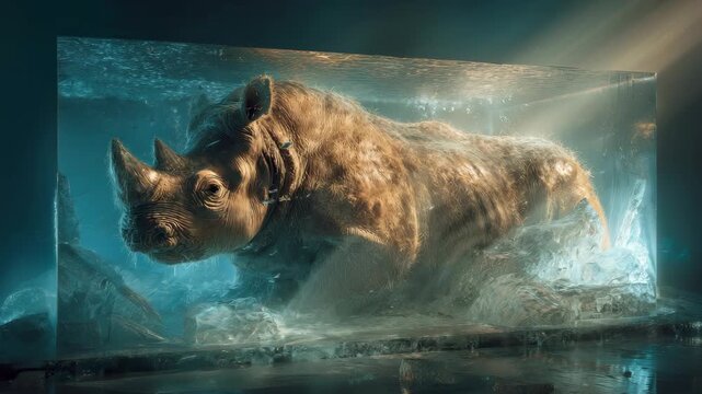 Majestic Rhinoceros Encased in Shimmering Ice and Water with Illuminating Light in a Captivating Underwater Scene