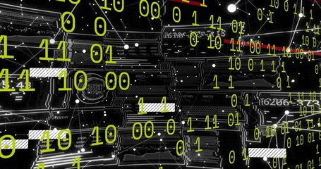 Floating yellow-green binary digits overlaying dark PCB close-up, linking microchips, traces, nodes