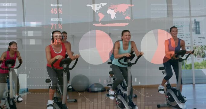 Three women pedaling on spin bikes on class cue, fitness HUD spotlighting riders, updating metrics