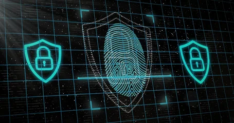 Fotobehang Buffet Scanning cyan fingerprint glowing on dark grid plane, showing dotted shield, scanning bar, padlocks  © vectorfusionart