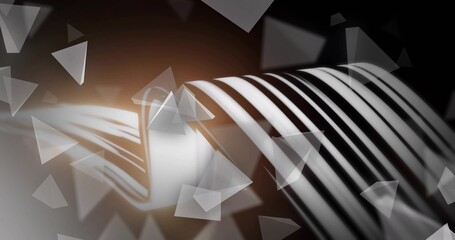 Naklejka premium Curving ribbed structure bending across studio render, with triangular shards and orange rim light