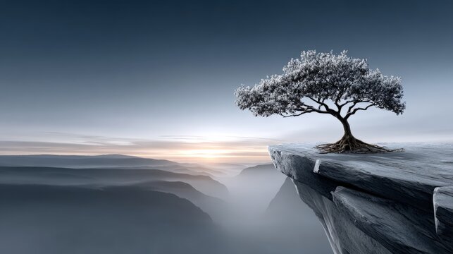 Lonely tree stands on cliff edge overlooking valley and horizon at dawn