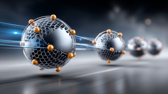 Molecular structures move in a digital world, showcasing connectivity and energy flow