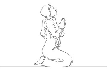 Obraz premium Continuous single line drawing woman praying. Beautiful woman praying on her knees. Faith. Religion. Linear.One continuous line isolated minimalist illustration. Not AI.