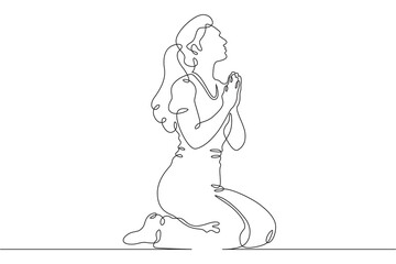Continuous single line drawing woman praying. Beautiful woman praying on her knees. Faith. Religion. Linear.One continuous line isolated minimalist illustration. Not AI.