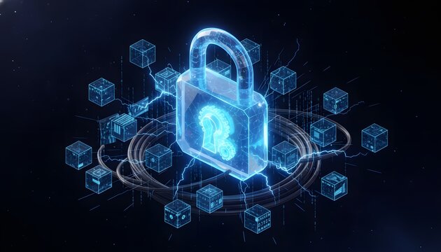 3D Isometric Cyber Security Padlock with Electric Blue Lightning and Binary Data Cubes on Dark Background for Network Protection Concept