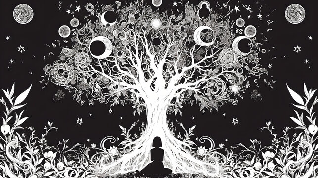 magical tree glowing black and white sketch