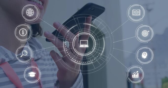 Woman moving phone to mouth and speaking, HUD expanding, animating education icons and chart