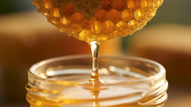Golden honey drips from a honeycomb into a glass jar. This sweet, natural nectar is a healthy delicacy.
