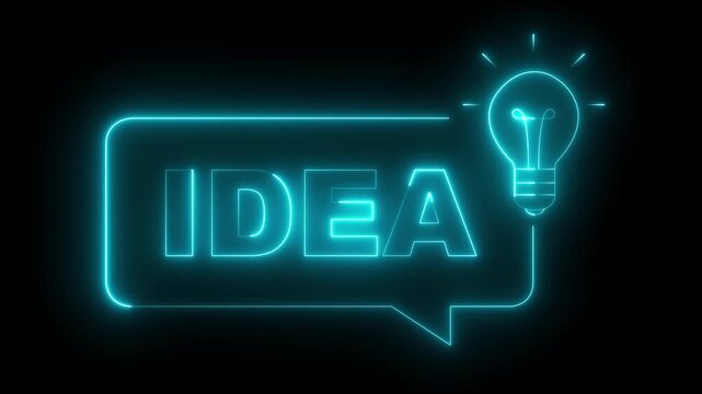 glowing neon idea message bubble with light bulb icon animation on black background. Neon text idea with light bulb and speech bubble. Idea, solution, business, strategy concept. 4k video animation.