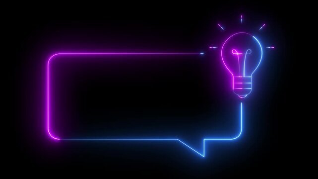 glowing neon message box with light bulb icon isolated on black background. light bulb icon connected to a speech bubble. Represents creative ideas, brainstorming and innovative communication.