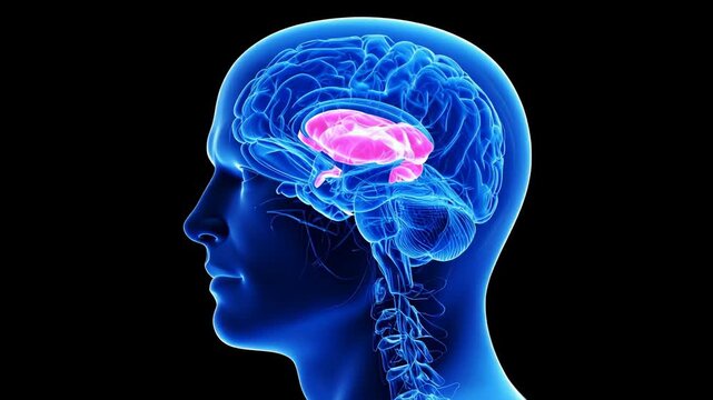 Human brain with highlighted thalamus structure in vibrant pink against a blue digital representation