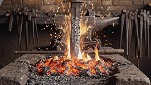 Blacksmith forging a sword in a fiery hearth with sparks and metal in a workshop