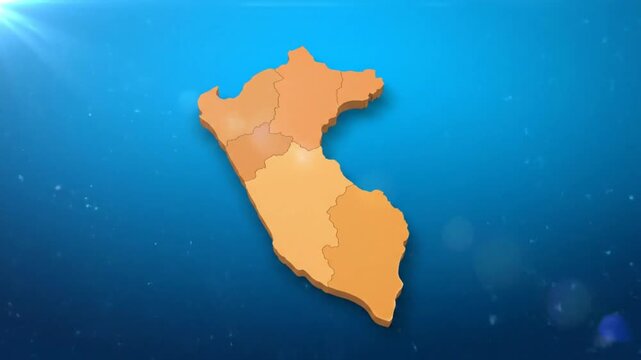 Peruvian map with administrative regions highlighted on a blue background, symbolizing location and borders